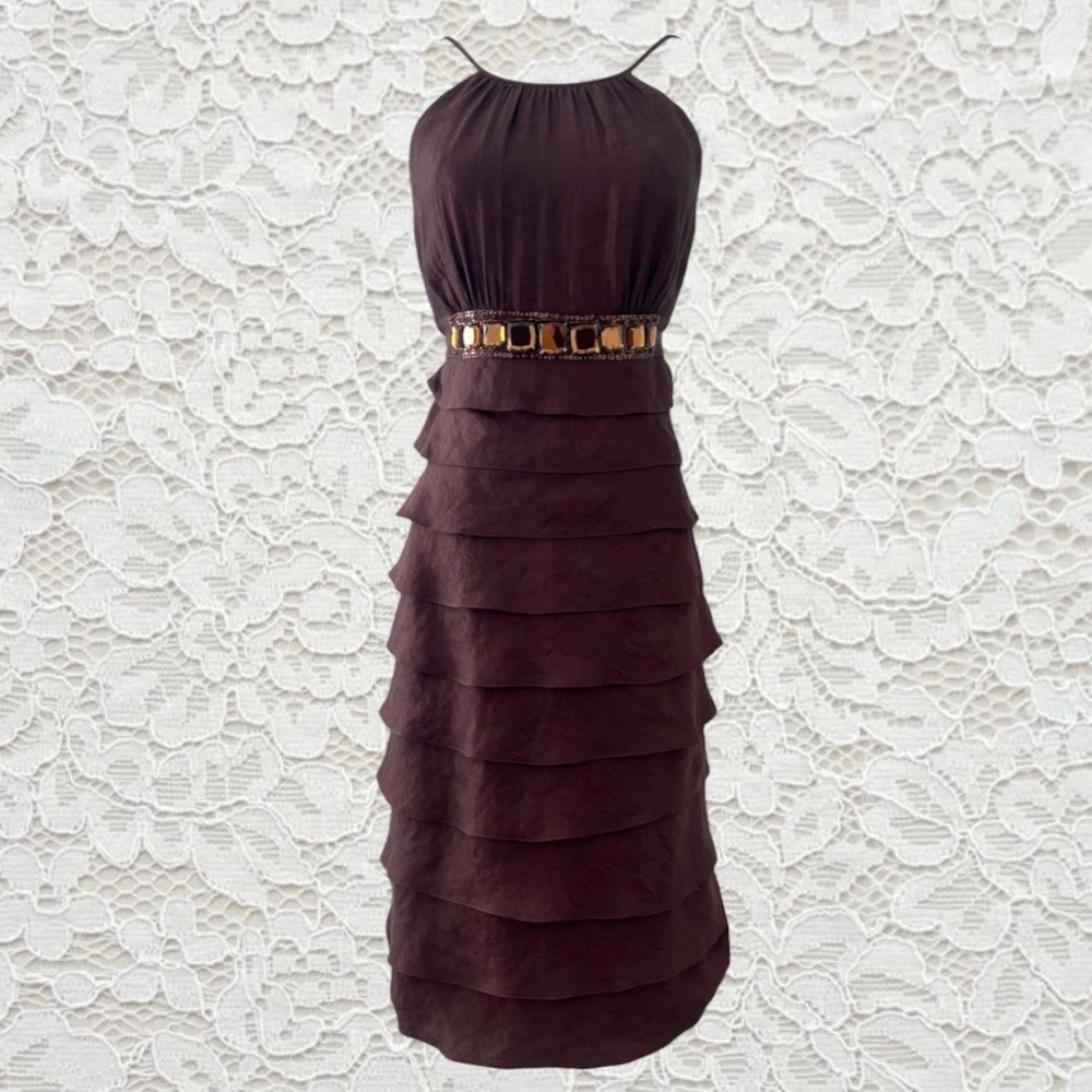 vintage 90s cache halter midi dress wih ruffles and beaded underbust